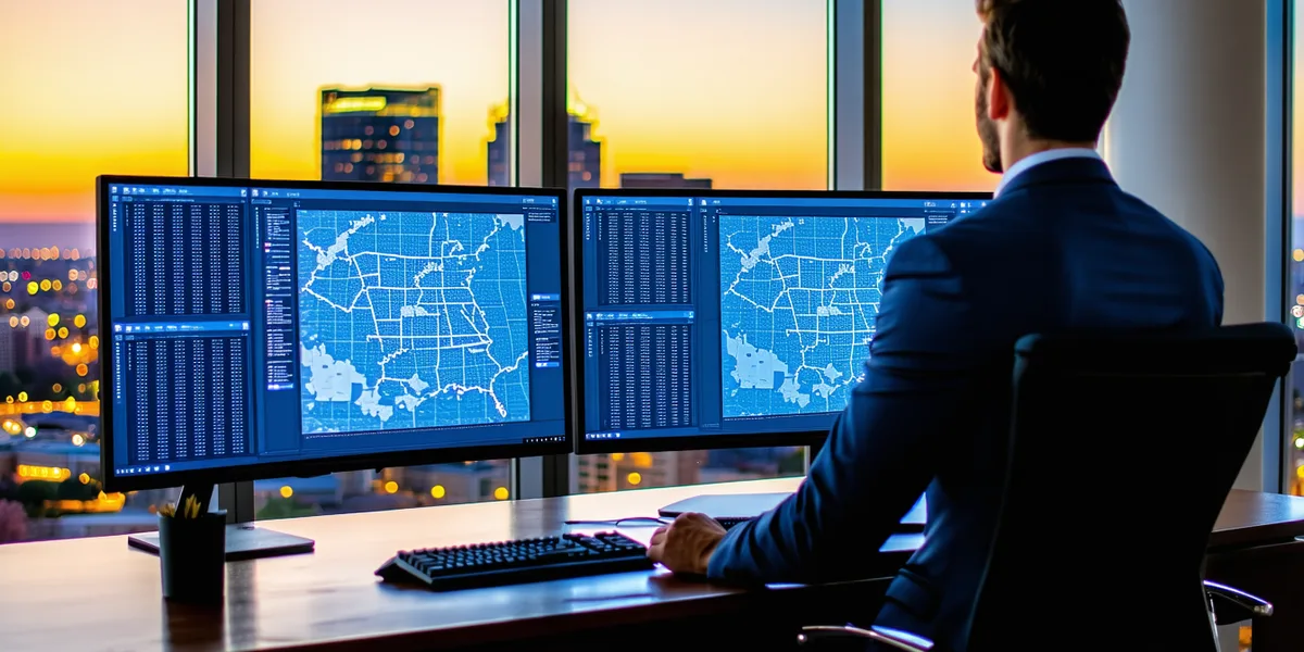 Commercial real estate analyst reviewing property data at a desk with Charlotte skyline visible