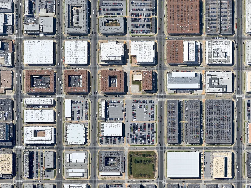 Aerial view of Charlotte commercial district with commercial parcels visible